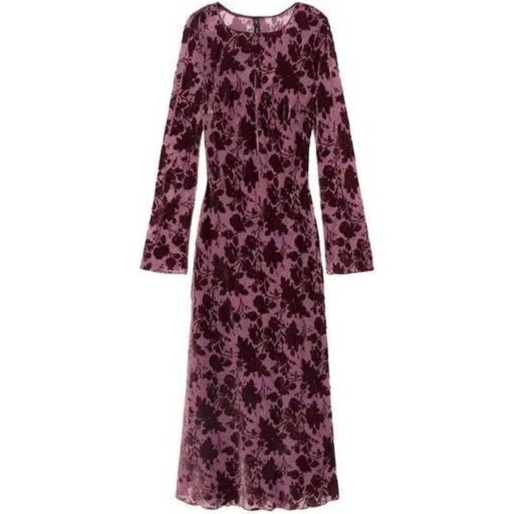 NWT Mango Velvet Burnout Floral Midi Dress Plum Burgundy Long Sleeve Sheer Mesh